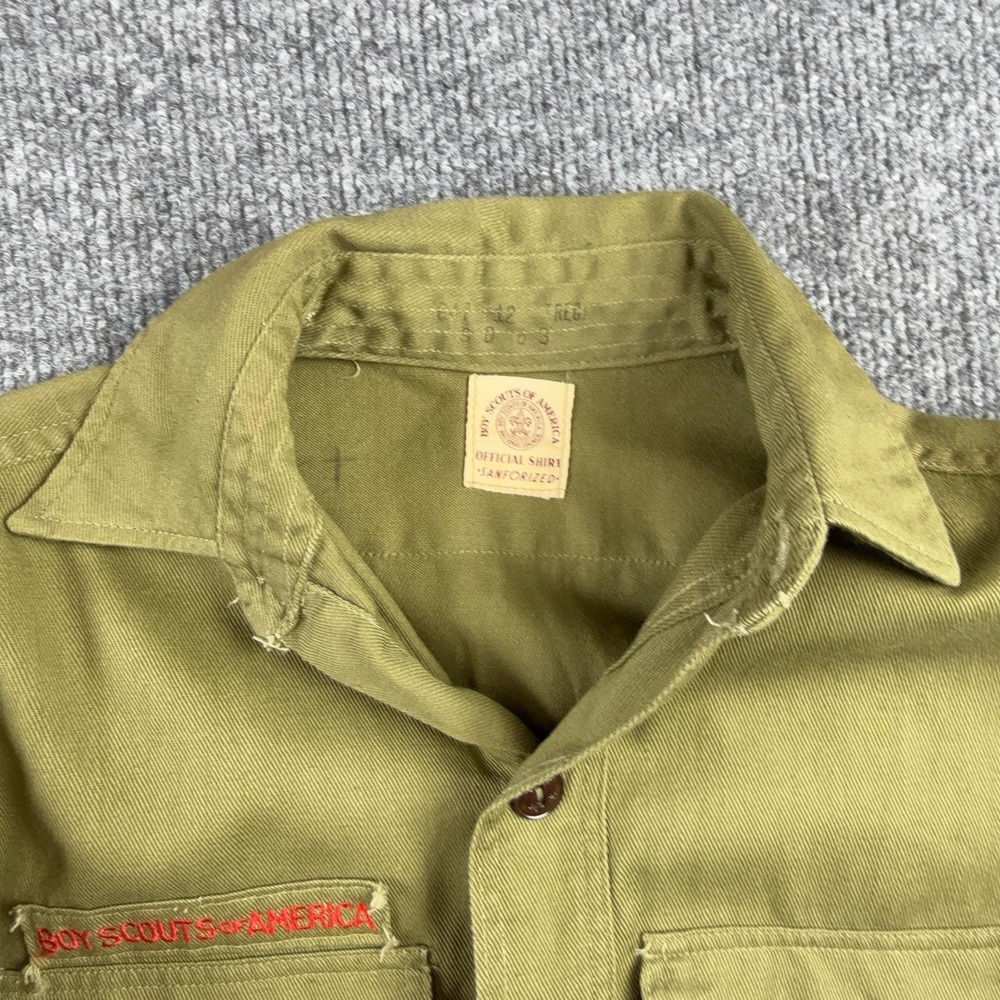 Vintage Boy Scouts Of America Shirt Boys Medium Green Uniform Twill Patches - Picture 8 of 13